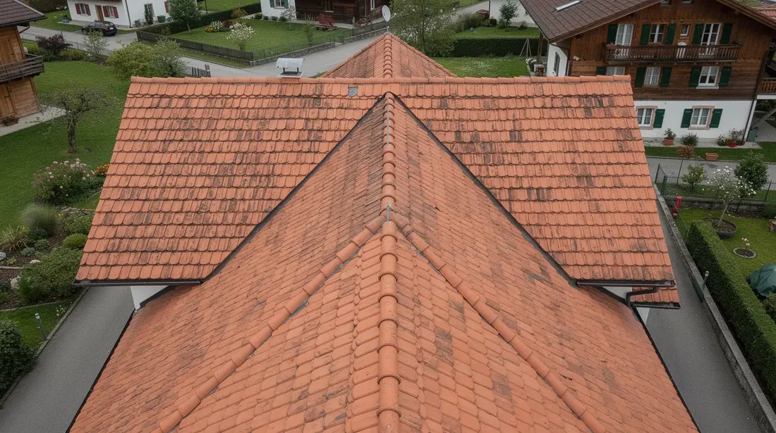 Vue aérienne d'une maison typique suisse avec un toit en tuiles de terre cuite, mettant en avant les arêtiers et le faîtage, illustrant l'importance de l'étanchéité toiture pour la protection contre les intempéries. Cette image souligne également la beauté et l'efficacité des matériaux utilisés dans la construction.