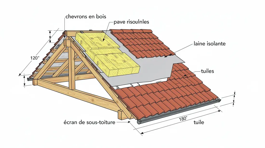 Cette image représente une coupe schématique d'un toit en pente, illustrant les chevrons en bois soutenant la toiture, avec de la laine isolante placée entre eux et un écran de sous-toiture positionné sous les tuiles pour assurer l'étanchéité et la protection contre les intempéries.