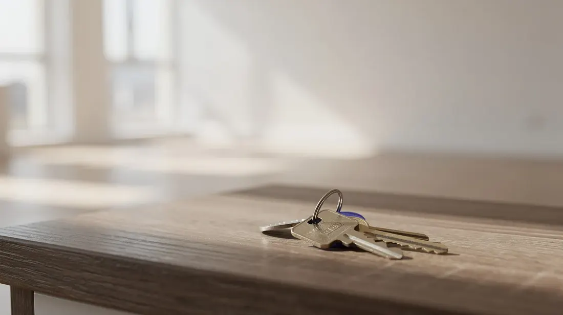 Une image montre des clés posées sur un plan de travail en bois dans un appartement vide et lumineux, symbolisant l'état des lieux d'entrée pour un futur locataire. L'ambiance claire et spacieuse de l'appartement évoque une préparation pour un déménagement imminent.