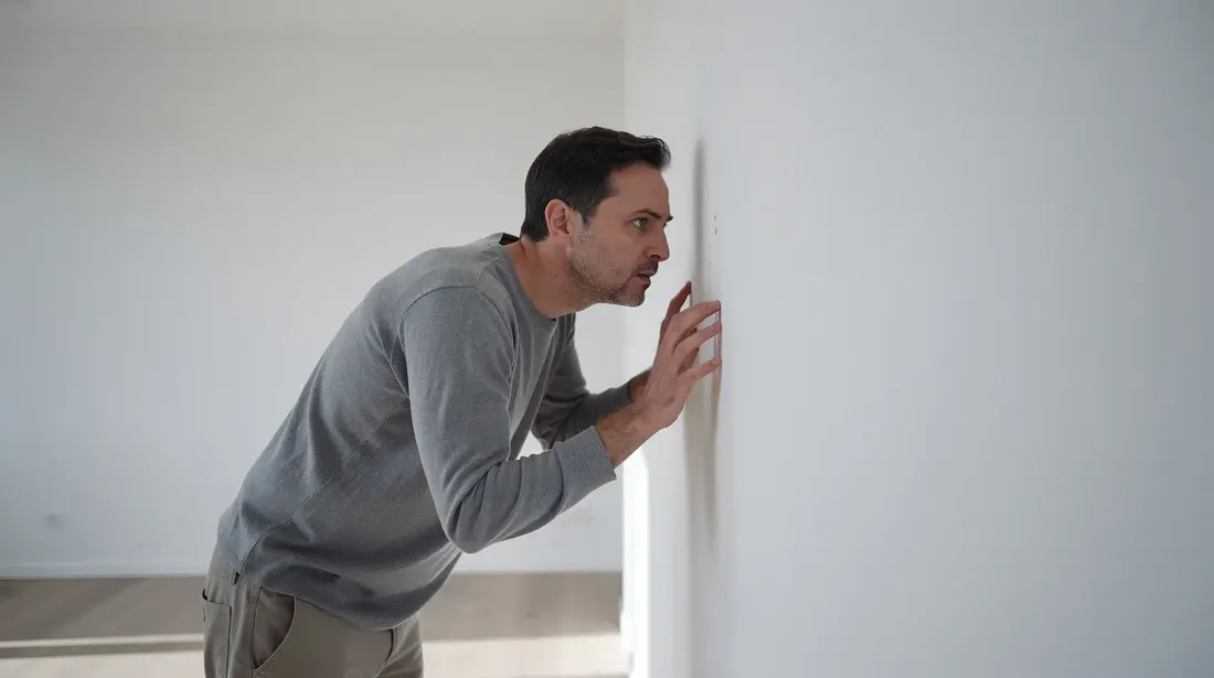 Une personne inspecte attentivement un mur blanc dans un appartement vide, vérifiant l'état des lieux pour détecter d'éventuels défauts ou dégradations. Cette étape est cruciale lors de l'état des lieux d'entrée, afin de préparer la restitution du logement.