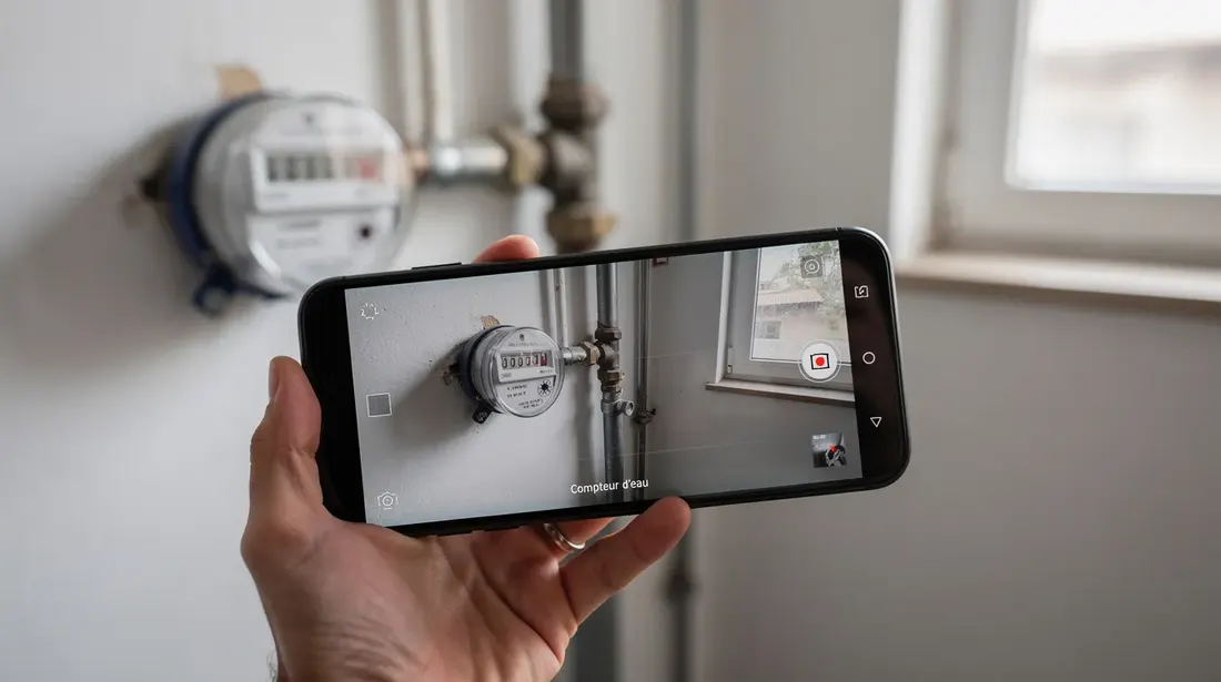 Un smartphone est en train de photographier un compteur d'eau situé dans un appartement, capturant ainsi l'état des lieux pour le locataire lors de l'état des lieux d'entrée. Cette image illustre l'importance de documenter les éléments essentiels du logement avant la remise des clés.