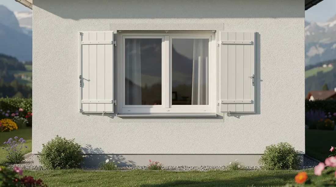 Une fenêtre en PVC moderne, blanche et élégante, est installée sur la façade d'une maison suisse, avec des volets ouverts qui laissent entrer la lumière. En arrière-plan, un jardin verdoyant ajoute une touche de nature à ce cadre de vie confortable.