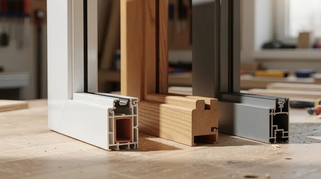 Gros plan sur trois échantillons de cadres de fenêtres en PVC blanc, bois naturel et aluminium gris, présentés côte à côte sur un établi. Chaque cadre met en avant les différents matériaux et styles disponibles pour les fenêtres, soulignant ainsi leurs atouts en termes de design et d'isolation.