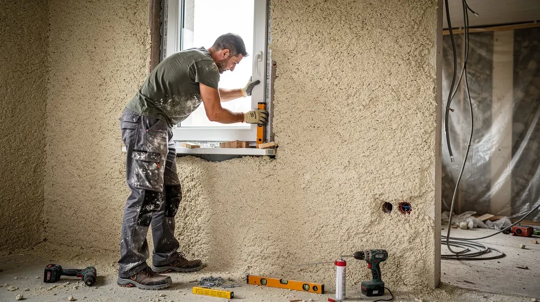 Un artisan installe une fenêtre en PVC sur un chantier de rénovation, entouré de murs en crépi. Cette pose met en avant les atouts des fenêtres PVC, notamment leur isolation thermique et leur rapport qualité-prix.