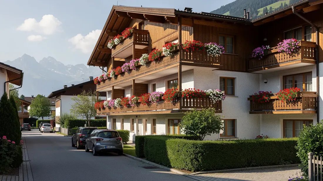 L'image montre un immeuble résidentiel situé dans le canton de Fribourg, avec des balcons fleuris qui ajoutent une touche de couleur à la façade. Ce quartier calme évoque un cadre de vie agréable pour les locataires, en contraste avec la pénurie de logements dans d'autres zones.