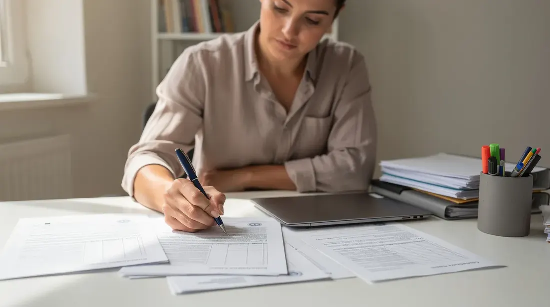 Une personne est assise à un bureau, concentrée sur le remplissage de documents administratifs avec un stylo. Sur la table, des papiers évoquent des sujets tels que le loyer et les obligations liées aux baux, en lien avec le canton de Fribourg.