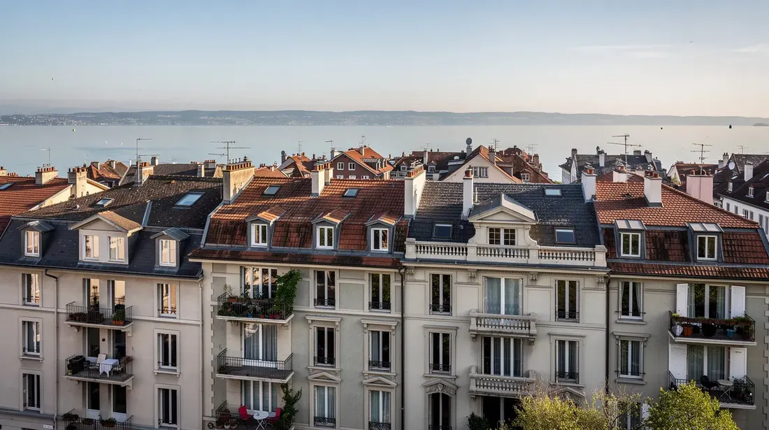 L'image montre un immeuble résidentiel typique de Genève, offrant une vue panoramique sur les toits de la ville et le lac. Ce cadre urbain évoque la question de la fixation des loyers et des baux, des sujets importants pour les locataires et bailleurs dans le canton de Genève.