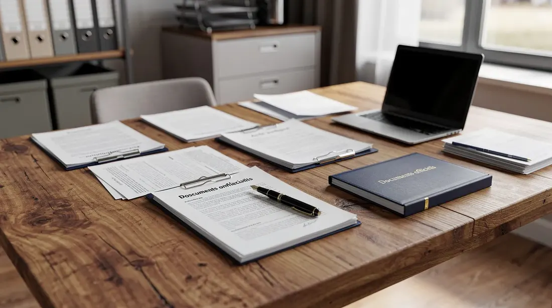 L'image montre un bureau administratif avec une table en bois sur laquelle sont disposés divers documents juridiques, tels que des contrats de bail et des notifications de résiliation. On peut y apercevoir des éléments liés aux obligations des locataires et des bailleurs, ainsi que des formulaires à remplir pour des démarches administratives.