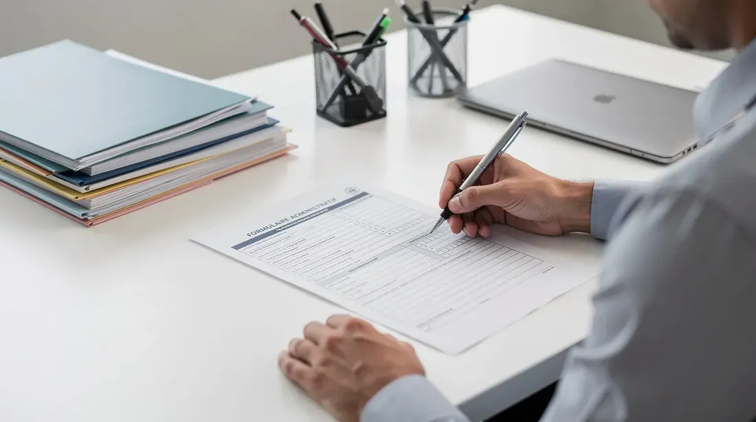 L'image montre une personne en train de remplir un document administratif à la main sur un bureau bien rangé. On peut distinguer des éléments tels qu'un contrat de bail et un formulaire de notification, témoignant d'une procédure liée à la gestion de logements.