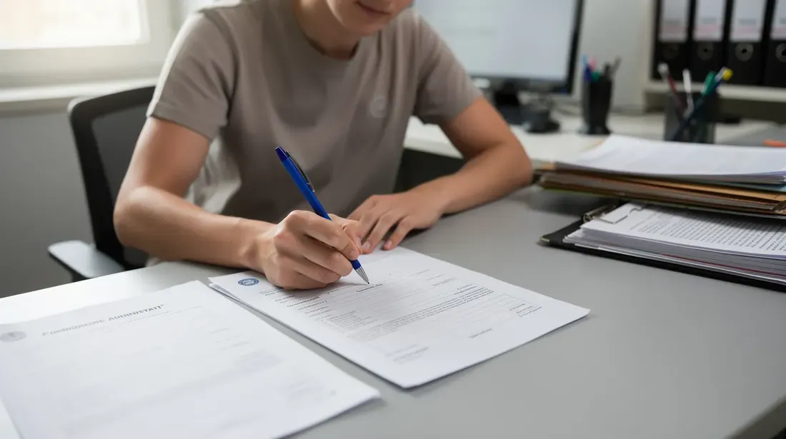 Une personne est assise à un bureau, remplissant un formulaire administratif entouré de documents et d'un stylo. Cette scène évoque des démarches liées à un contrat de bail dans le canton de Neuchâtel, suggérant des informations sur la location et les obligations du locataire.