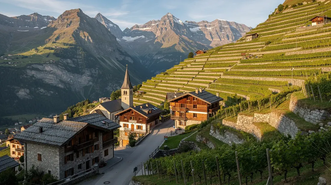 L'image montre un village valaisan pittoresque, avec des vignobles en terrasses s'étendant à flanc de montagne, tandis qu'en arrière-plan, les majestueuses montagnes suisses se dressent sous un ciel clair. Ce paysage évoque une harmonie entre la nature et l'habitation humaine, typique de la région.