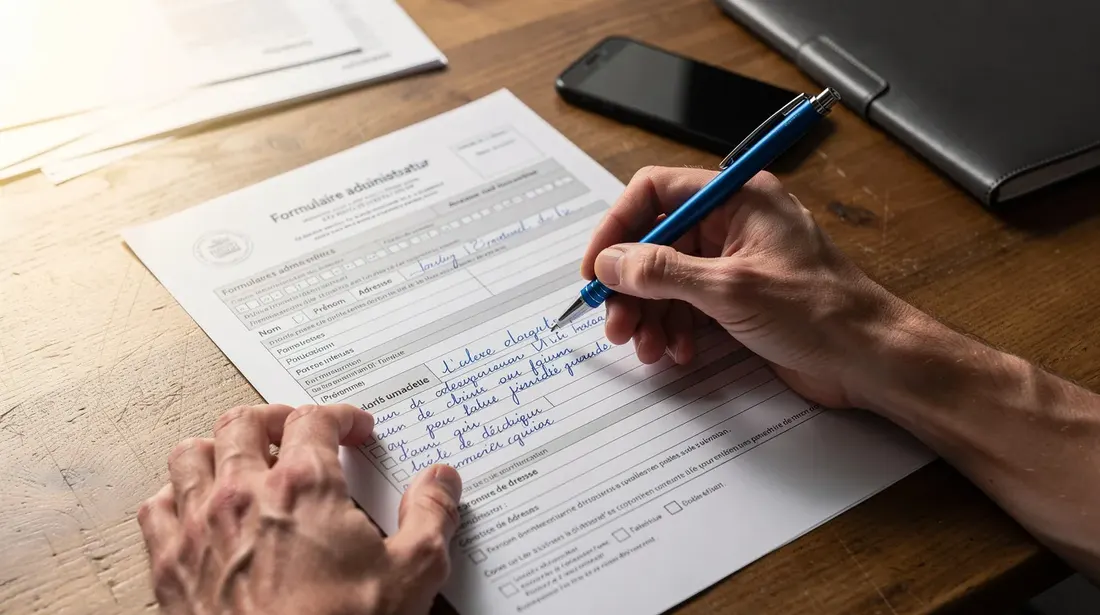 L'image montre des mains en train de remplir un document administratif sur un bureau en bois. Ce document pourrait concerner la conclusion d'un nouveau bail ou la fixation du loyer pour un logement en Suisse.