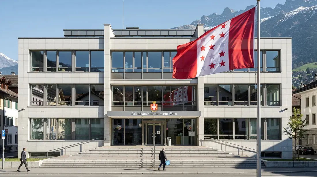 L'image montre un bâtiment administratif cantonal suisse, emblématique de l'architecture locale, avec le drapeau valaisan flottant au-dessus de l'entrée. Ce lieu représente l'autorité et les services publics du canton, essentiel pour les démarches administratives comme la conclusion d'un nouveau bail ou la fixation du loyer.