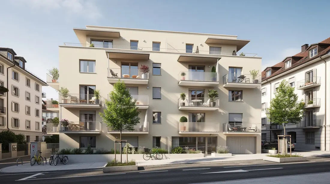 L'image montre un immeuble résidentiel moderne situé dans un quartier urbain du canton de Vaud, avec des balcons et une façade claire. Ce type de logement est représentatif des projets immobiliers contemporains dans la région, soulignant l'importance de l'accessibilité et du confort pour les locataires.