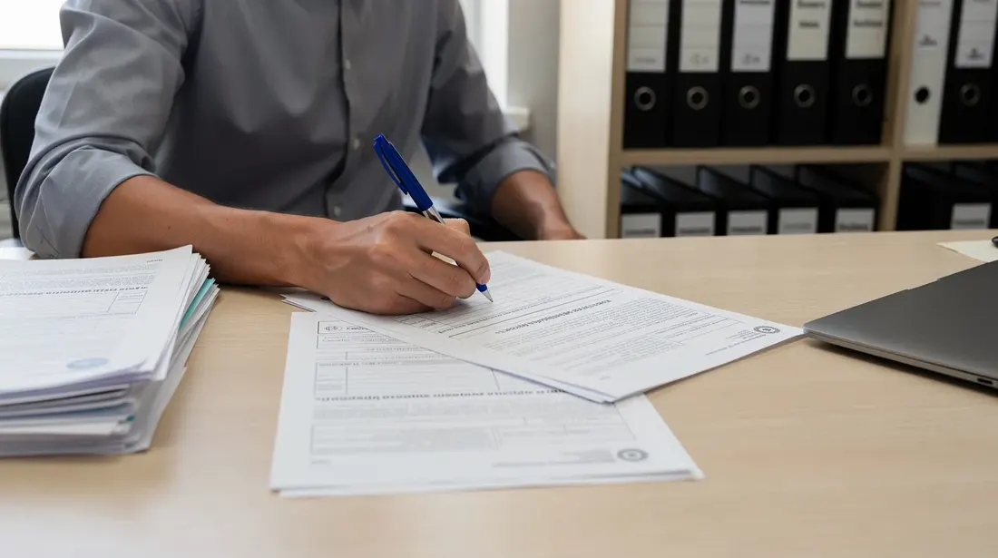 Une personne assise à un bureau remplit des documents administratifs, utilisant un stylo pour rédiger des informations concernant la conclusion d'un nouveau bail. Sur la table, des pages de contrats et des formulaires relatifs aux obligations des locataires et des bailleurs sont visibles, évoquant des sujets liés au droit immobilier dans le canton de Vaud.