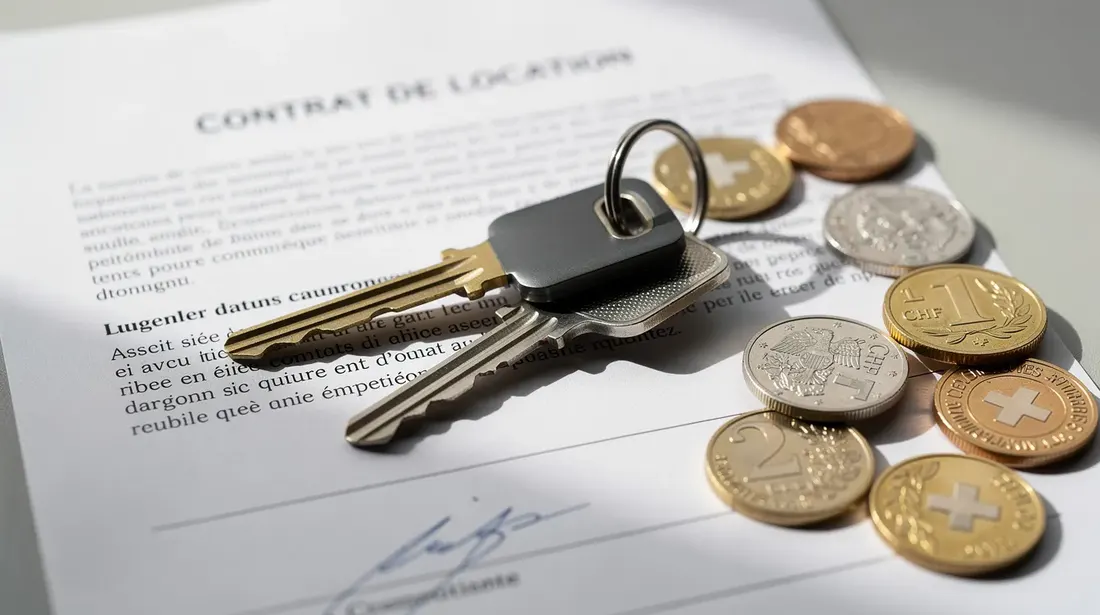 L'image montre des clés d'appartement posées sur un contrat de bail, accompagnées de pièces de monnaie suisses. Cela évoque le processus de location, y compris la garantie de loyer et les obligations financières liées à la location d'un logement en Suisse.