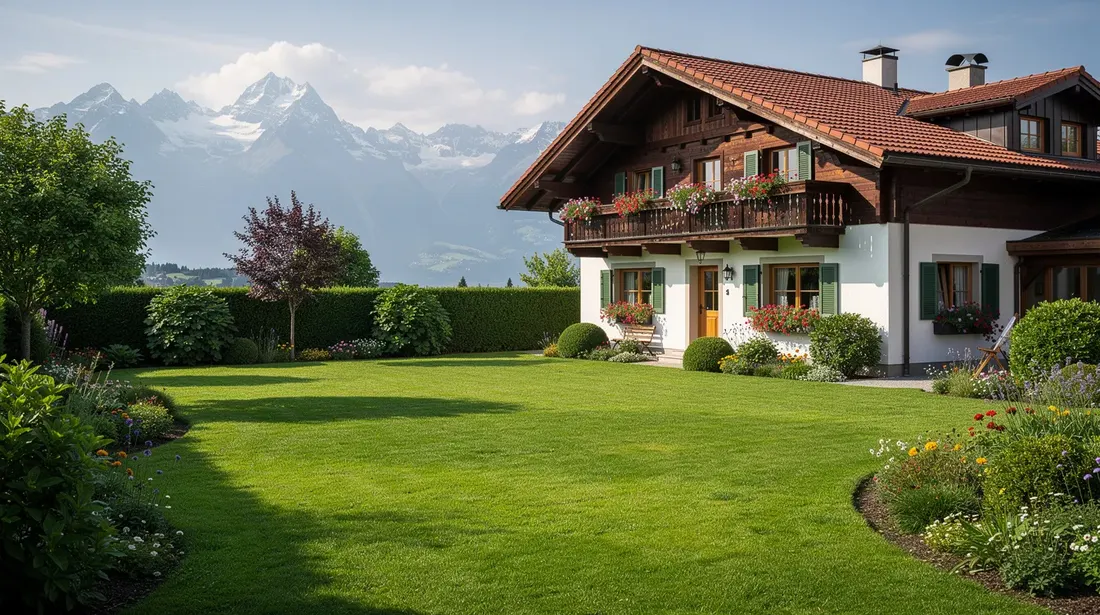 L'image montre un jardin verdoyant avec une pelouse bien entretenue, devant une maison suisse traditionnelle. En arrière-plan, on aperçoit des montagnes majestueuses, ajoutant une touche pittoresque à cet espace extérieur soigneusement aménagé.