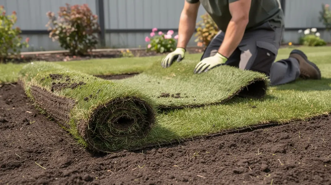Une personne est en train de dérouler un rouleau de gazon sur un sol préparé dans un jardin, mettant en place une nouvelle pelouse. L'image montre l'importance de l'entretien et des soins nécessaires pour obtenir une surface de qualité.