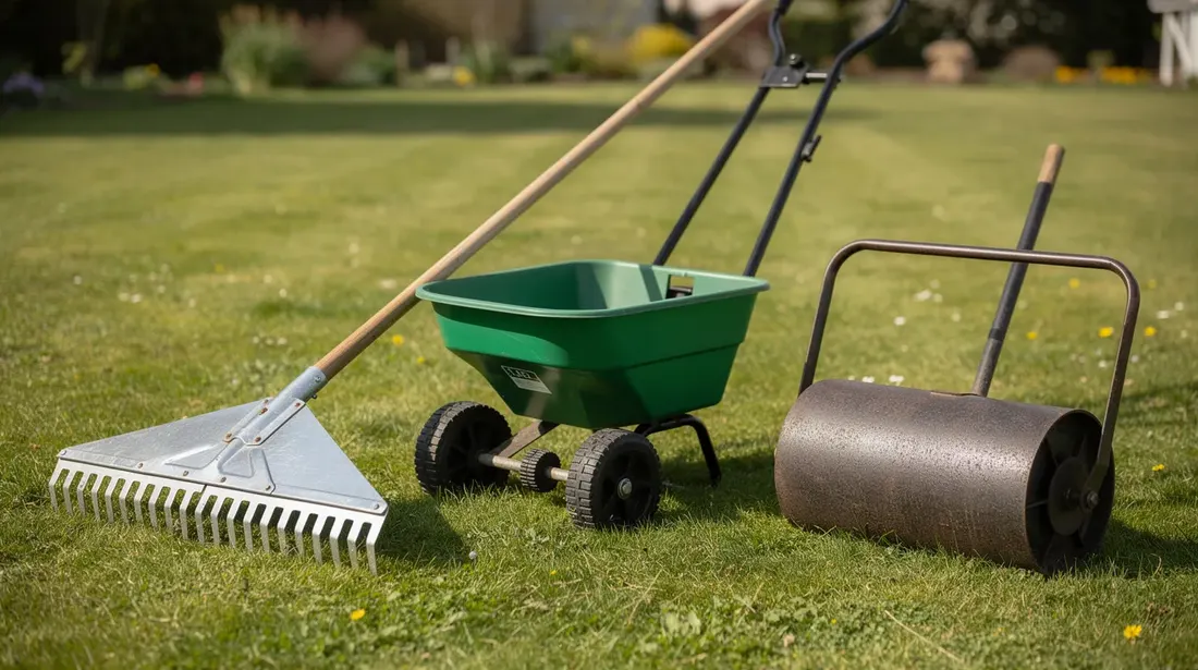 L'image montre des outils de jardinage disposés sur une pelouse bien entretenue, comprenant un râteau, un épandeur et un rouleau à gazon. Ces outils sont essentiels pour le soin et l'entretien de l'herbe, contribuant à la qualité et à la surface du jardin.