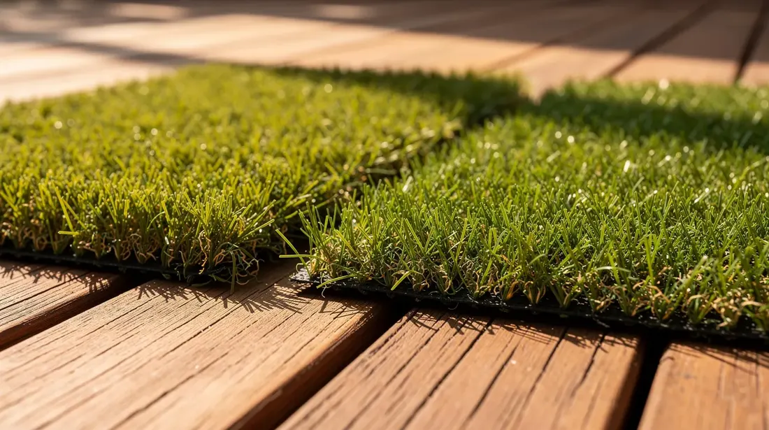 Trois échantillons de gazon synthétique de hauteurs différentes sont disposés côte à côte sur une terrasse en bois, illuminés par le soleil. Chaque échantillon présente une texture et une couleur distinctes, mettant en avant la qualité et l'aspect esthétique du gazon artificiel, idéal pour l'aménagement d'espaces extérieurs.