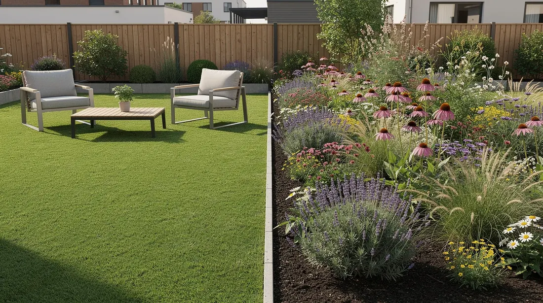 L'image montre un petit jardin urbain divisé en deux zones distinctes : d'un côté, une surface en gazon synthétique vert, aménagée avec du mobilier de terrasse, et de l'autre, une zone pleine de plantes vivaces fleuries. Ce jardin offre un espace extérieur agréable et coloré, alliant confort et esthétique.