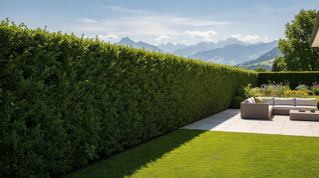 Un jardin suisse paisible présente une haie verte soigneusement entretenue, délimitant une terrasse ensoleillée où se mêlent diverses plantes et fleurs colorées. Ce cadre offre une atmosphère d'intimité et de sérénité, idéal pour profiter des journées ensoleillées.