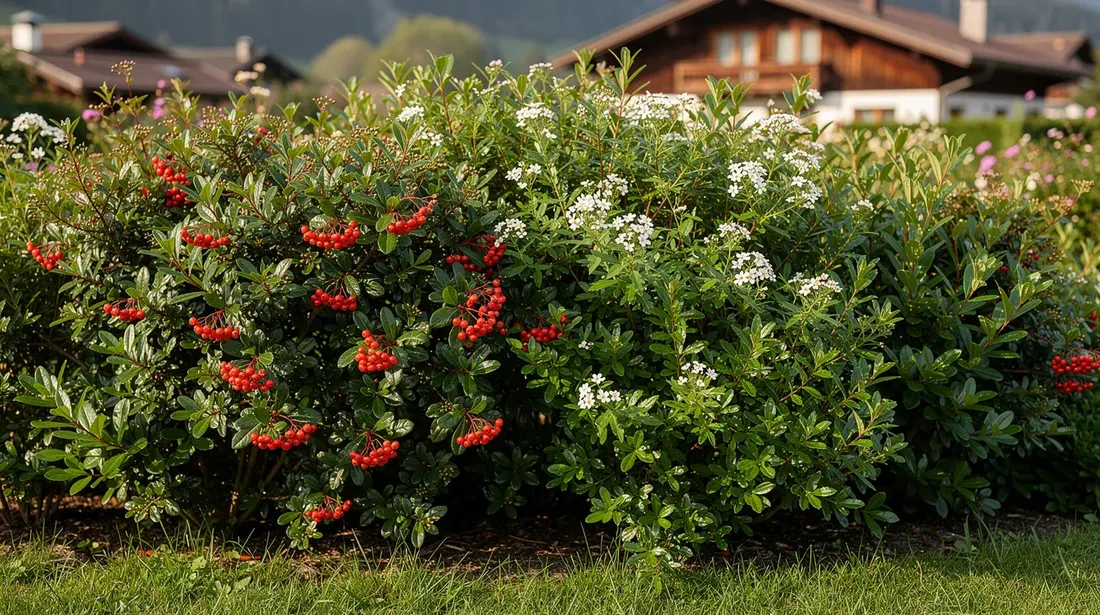 Une haie champêtre mixte se dresse dans un jardin suisse, ornée de baies rouges éclatantes et de fleurs blanches délicates, créant un espace de biodiversité qui attire les oiseaux. Ce feuillage varié offre non seulement de l'intimité, mais aussi une belle floraison tout au long de la saison.