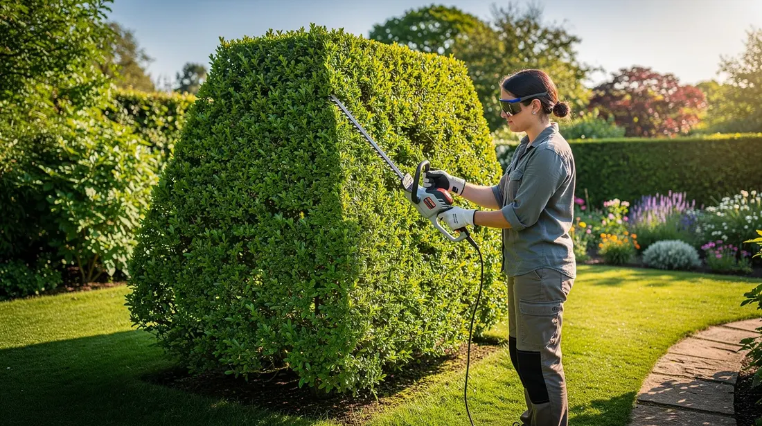 Une personne taille une haie verte en forme de trapèze dans un jardin ensoleillé, entourée de plantes et de fleurs colorées. Le feuillage dense offre une belle structure et contribue à l'intimité de l'espace extérieur.