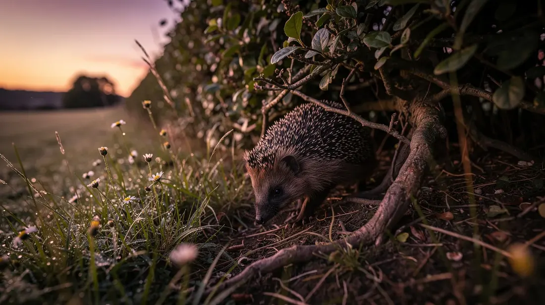 Un hérisson se faufile sous une haie champêtre, entouré de feuillage dense, au crépuscule. Les couleurs douces du soir créent une ambiance paisible dans ce jardin, offrant un refuge pour cet animal nocturne.