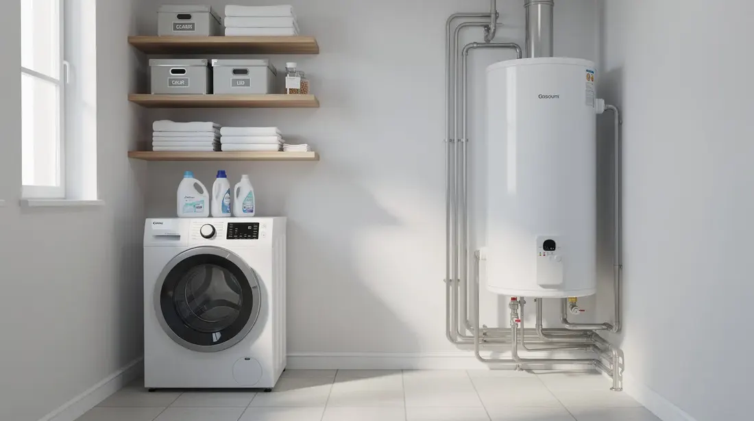 L'image montre un chauffe-eau thermodynamique installé dans une buanderie bien organisée, à côté d'une machine à laver et d'étagères. Cet appareil moderne, conçu pour la production d'eau chaude, est entouré d'un environnement propre et fonctionnel, reflétant une attention particulière à la sécurité et à l'efficacité énergétique.