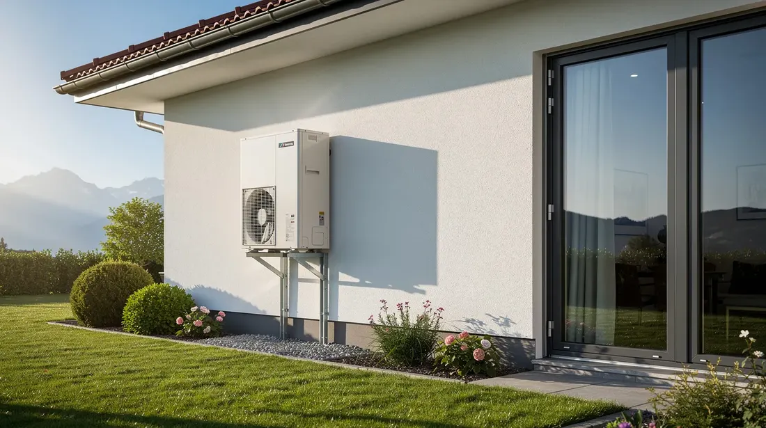 L'image montre une unité extérieure de pompe à chaleur fixée sur le mur d'une maison suisse, entourée d'un jardin verdoyant. Cet appareil, essentiel pour la production d'eau chaude, illustre une installation moderne et efficace pour le chauffage.
