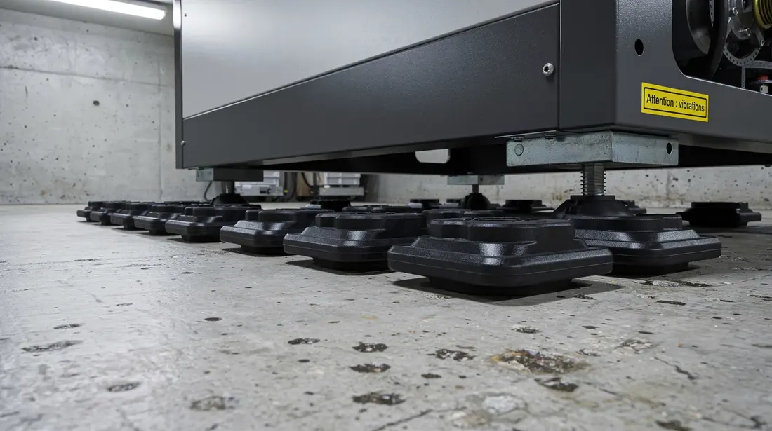 L'image montre des plots antivibratiles en caoutchouc noir disposés sous un appareil technique dans un local en béton, probablement destiné à l'installation d'un chauffe-eau thermodynamique. Ces plots assurent la sécurité et le bon fonctionnement de l'équipement en réduisant les vibrations.