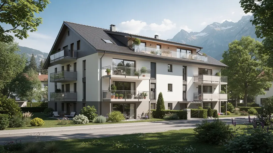 L'image montre un immeuble résidentiel moderne en Suisse, avec des balcons et une toiture en pente, entouré de verdure luxuriante. Cet environnement paisible pourrait être idéal pour l'installation d'un chauffe-eau thermodynamique, offrant ainsi confort et efficacité énergétique.