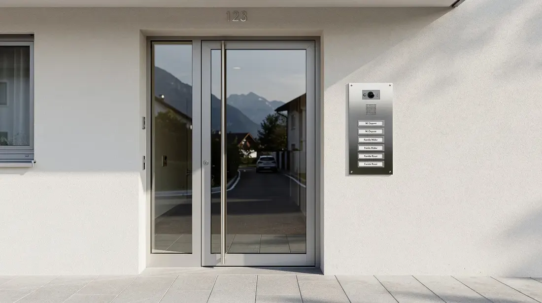 L'image montre l'entrée d'un immeuble résidentiel en Suisse, avec une porte vitrée et une platine d'interphone métallique située à côté. Cette entrée est typique des bâtiments modernes, offrant un accès sécurisé aux résidents.