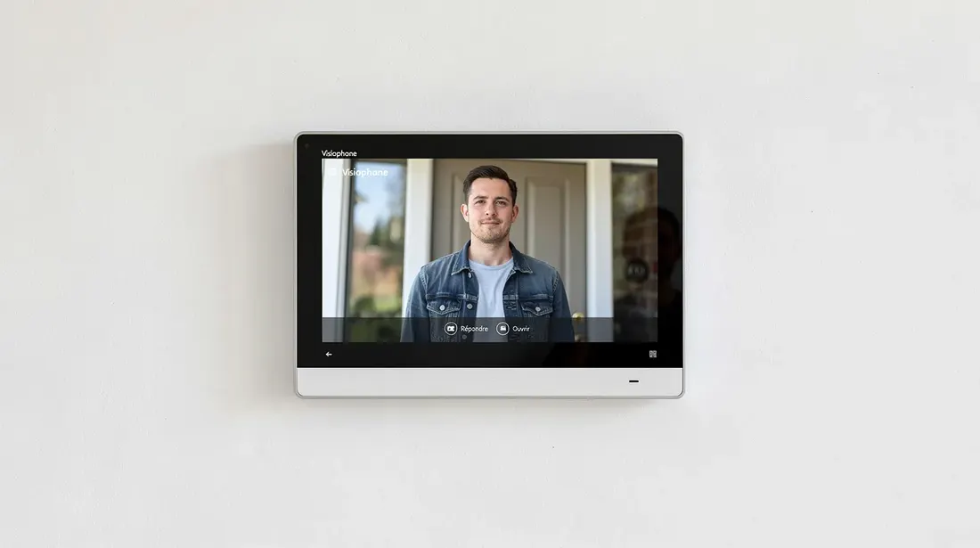 L'image montre un écran de visiophone intérieur affichant le visage d'un visiteur se tenant devant une porte, illustrant ainsi un système de communication moderne pour la sécurité des personnes à l'intérieur. Le visiteur sourit, créant une ambiance accueillante.