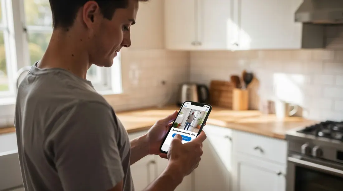Une personne consulte une notification de sonnette vidéo sur son smartphone dans une cuisine moderne, entourée de divers ustensiles de cuisine. Le smartphone affiche une image de l'extérieur, suggérant un système de communication efficace pour surveiller les visiteurs.