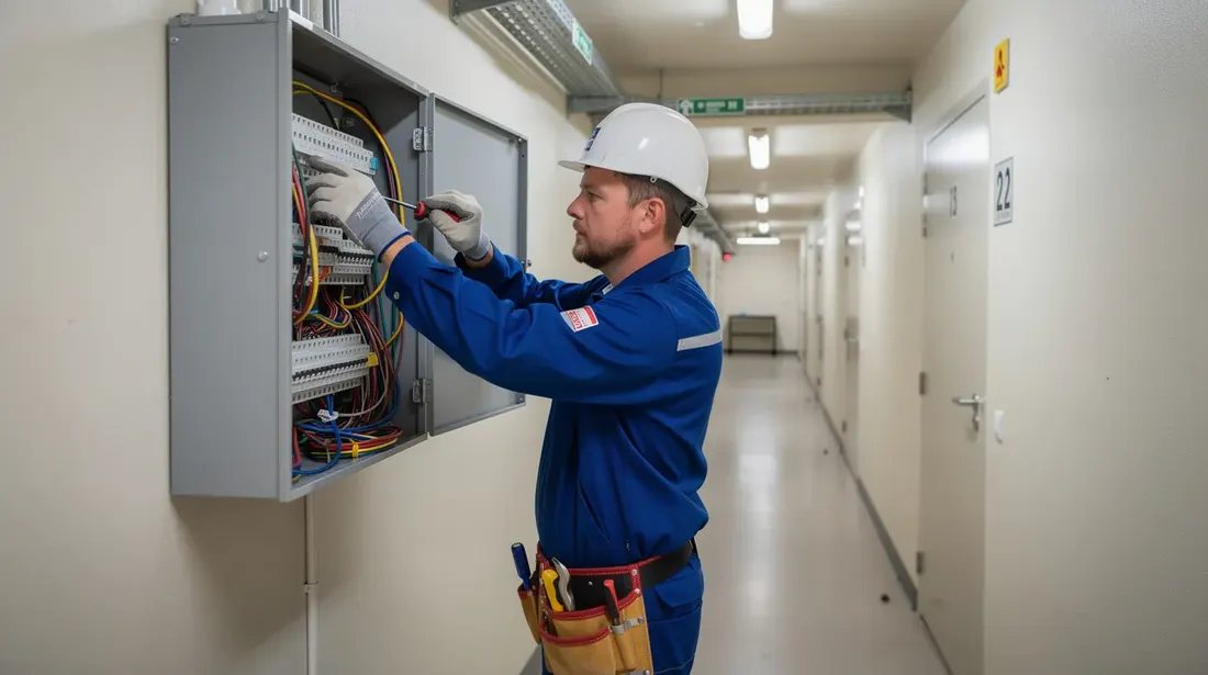 Un électricien est en train de travailler sur un boîtier de câblage dans un couloir d'immeuble, utilisant des outils pour installer un système de communication interphone. Le couloir est éclairé et les murs sont peints dans des tons neutres.