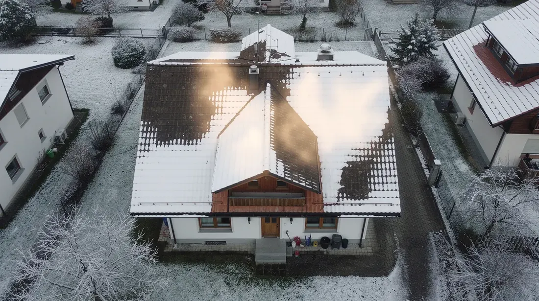 Une vue aérienne d'une maison individuelle en Suisse, recouverte de neige fondante de manière inégale sur le toit, met en évidence les pertes de chaleur par la toiture. Cette image souligne l'importance de l'isolation des combles pour améliorer le confort thermique et réduire les frais de chauffage.