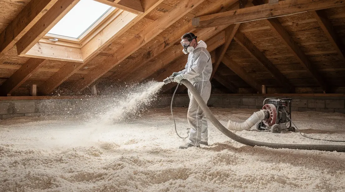 Un artisan est en train de projeter de l'isolant en vrac, comme de la ouate de cellulose, dans des combles perdus vides à l'aide d'une machine de soufflage. L'espace sous toiture est visible, mettant en avant les poutres en bois qui soutiennent la charpente.