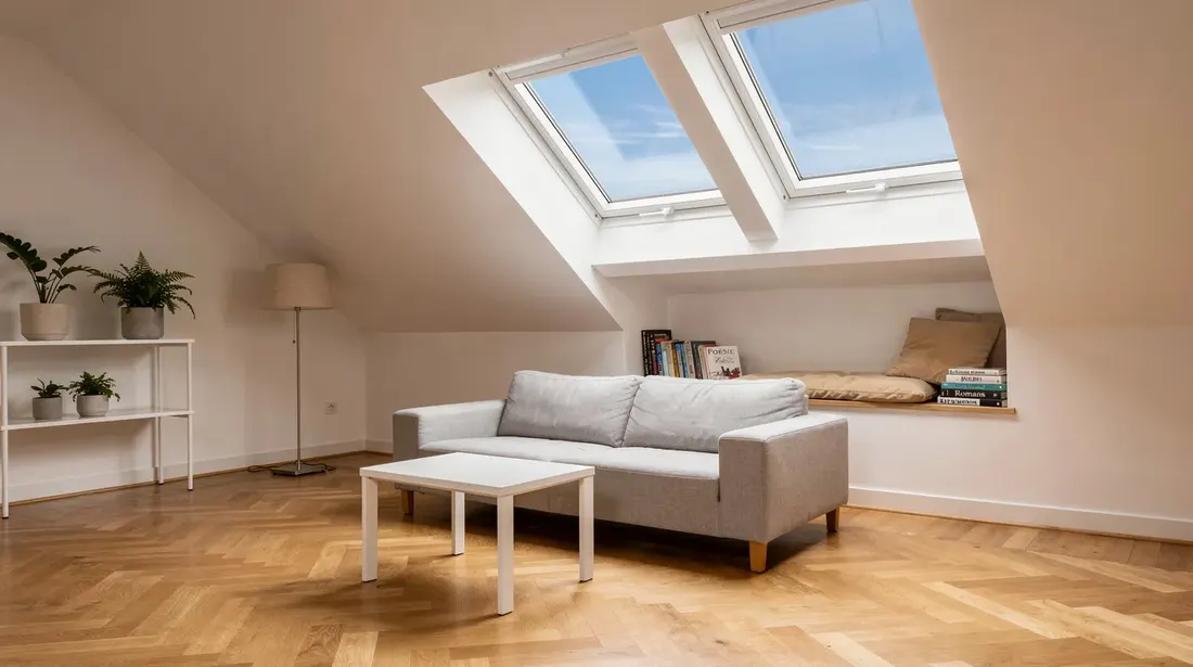 Une pièce lumineuse aménagée sous les combles, avec des fenêtres de toit qui laissent entrer la lumière naturelle, des murs en pente et un parquet clair. Cet espace chaleureux met en avant l'isolation thermique, offrant confort et efficacité énergétique dans la maison.