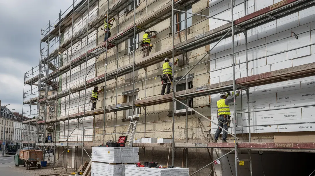 Des ouvriers installent des panneaux isolants sur la façade extérieure d'un immeuble résidentiel, utilisant un échafaudage complet pour accéder aux murs. Cette opération vise à améliorer l'isolation thermique du bâtiment, contribuant ainsi au confort des logements.