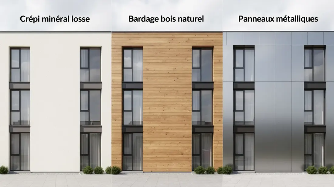 L'image présente trois finitions de façade côte à côte sur un bâtiment moderne : un crépi minéral lisse, un bardage en bois naturel et des panneaux métalliques. Ces choix esthétiques témoignent des différentes techniques d'isolation par l'extérieur, contribuant au confort thermique et à l'efficacité énergétique du logement.