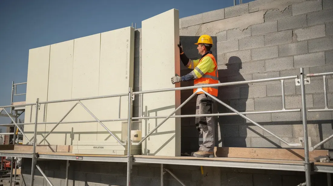Un ouvrier en tenue de chantier est en train de poser des panneaux isolants rigides sur un mur extérieur en maçonnerie depuis un échafaudage, contribuant ainsi à l'isolation thermique de la façade extérieure d'un bâtiment. Cette technique d'isolation par l'extérieur vise à améliorer le confort thermique et à réduire les déperditions de chaleur.