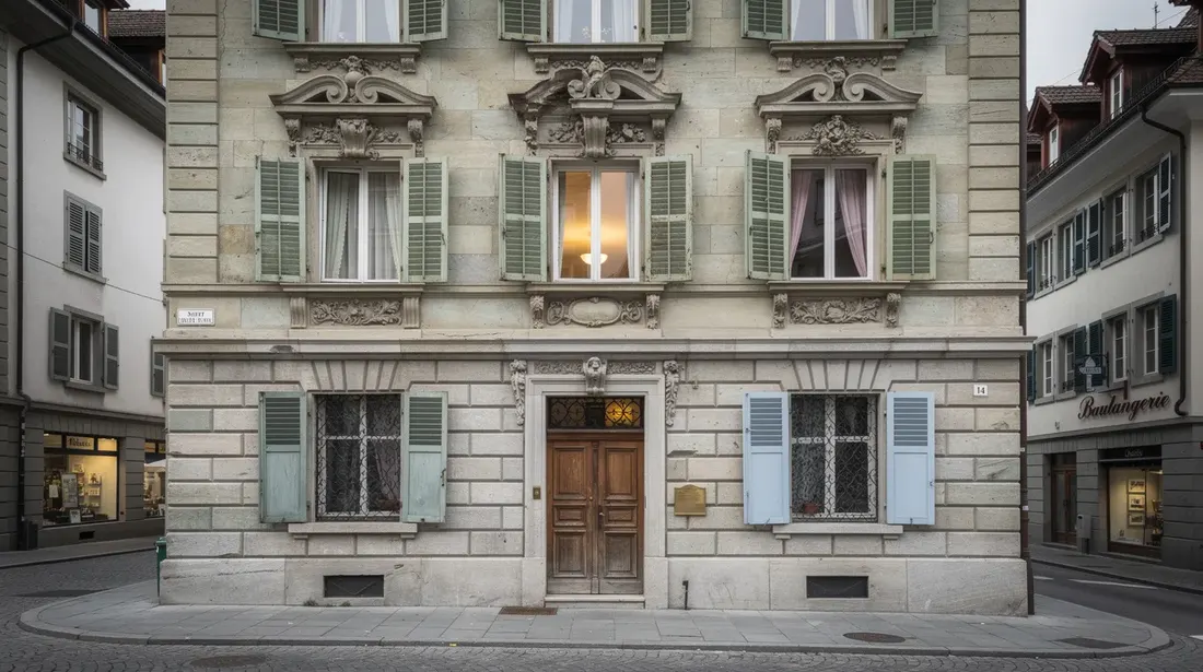 La façade historique en pierre de taille d'un bâtiment ancien en Suisse présente des moulures décoratives et des volets en bois, offrant un aperçu de l'architecture traditionnelle. Cette façade extérieure, avec ses murs en pierre, contribue à l'esthétique du logement tout en étant un exemple d'isolation thermique par l'extérieur.