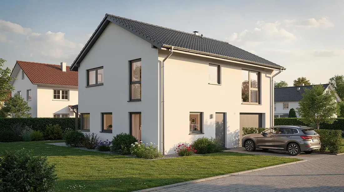 Une maison individuelle suisse récemment rénovée se dresse dans un quartier résidentiel verdoyant, affichant une façade crépie neuve et des fenêtres modernes. Cette habitation bénéficie d'une isolation thermique efficace grâce à l'isolation par l'extérieur, offrant ainsi un confort optimal et une esthétique soignée.
