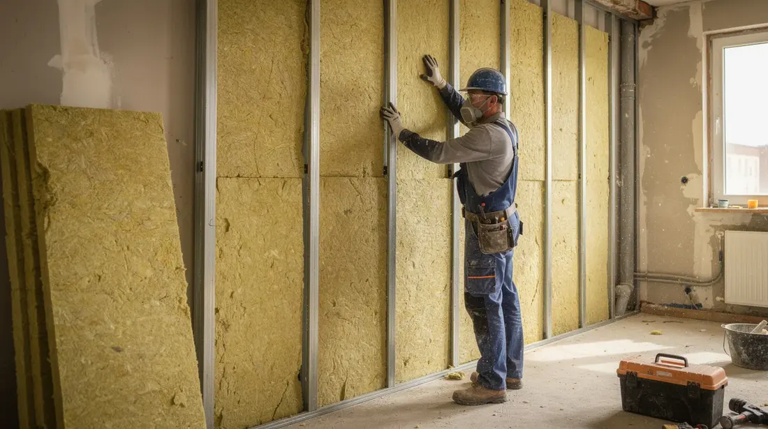 Un ouvrier installe de la laine minérale entre des montants métalliques sur un mur intérieur d'un appartement en rénovation, contribuant ainsi à l'isolation thermique du logement. Ce travail d'isolation vise à améliorer le confort et à réduire les factures d'énergie.