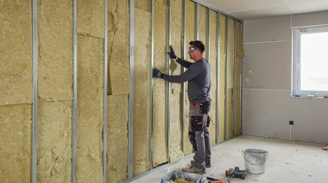 Un artisan installe de la laine de roche entre des montants d'ossature métallique sur un mur intérieur, tandis que des plaques de plâtre sont visibles en arrière-plan, illustrant une étape importante dans les travaux d'isolation pour améliorer le confort thermique d'un appartement. Cette technique contribue à réduire les ponts thermiques et à optimiser la performance thermique de l'espace habitable.