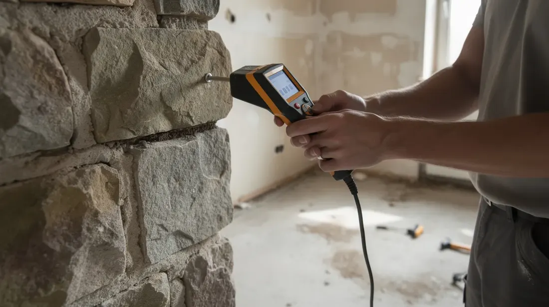 Une personne inspecte un mur en pierre avec un appareil de mesure d'humidité dans une pièce vide en cours de rénovation, mettant en évidence l'importance de l'isolation intérieure pour le confort et la performance thermique du logement. L'espace, actuellement dépouillé, suggère des travaux d'isolation à venir, essentiels pour éviter les problèmes d'humidité et améliorer la qualité de l'air.