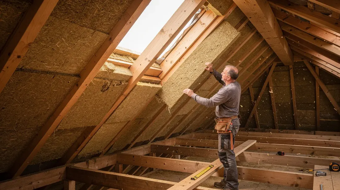 Un artisan installe de l'isolant en laine de bois entre les chevrons d'une toiture en bois, offrant une vue depuis l'intérieur des combles. Cette opération contribue à l'isolation thermique du bâtiment, améliorant ainsi son efficacité énergétique.