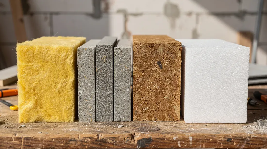 L'image présente divers échantillons de matériaux isolants, tels que de la laine de verre jaune, des panneaux gris de laine de roche, un panneau brun de fibre de bois et un bloc de polystyrène blanc, tous disposés sur une table de chantier. Ces matériaux sont essentiels pour l'isolation thermique des bâtiments, offrant des solutions efficaces pour maintenir la chaleur et réduire les pertes d'énergie.